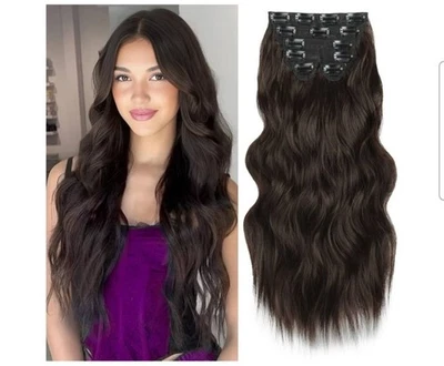 Vigorous Womens 20" Dark Brown Wavy Clip-In Hair Extensions 6 Pcs Set Synthetic - Image 1 of 4