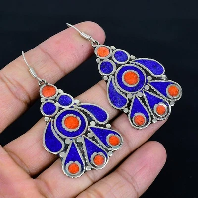 Orecchino vintage boho argento sterling 925 fatto a mano corallo rosso... - Immagine 1 di 4