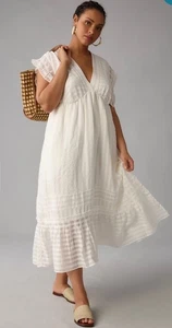 Anthropologie Kleid Damen Gr. L V-Ausschnitt Rüschen Stufen Babydoll weiß Hochzeit - Bild 1 von 10