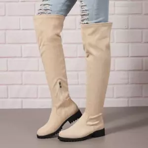 Womens Knee High Flat Ladies Long Faux Suede Flat Low Heel Thigh High Boots Size - Picture 1 of 12