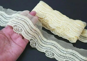 Almost 2" /4.8cm wide 3-1/2y Lt Yellow Embroideries limpid sequins Net Lace L751 - Picture 1 of 10