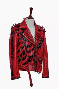 Mens Red Punk Rock Leather Jacket Spiked Sinner Biker Coat Gothic Heavy Metal. - Picture 1 of 7