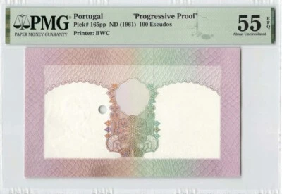 Portugal “Progressive Proof” 100 Escudos 1961 PICK# 165pp PMG: 55 EPQ.#PL1395 Foto 1 de 2