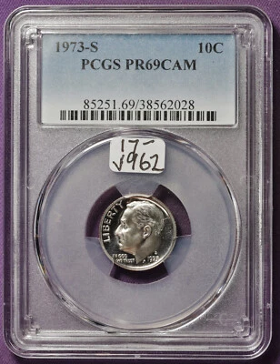 1973-s Roosevelt Dime.  In PCGS Holder.  PR69CAM.    j962 - Image 1 of 2