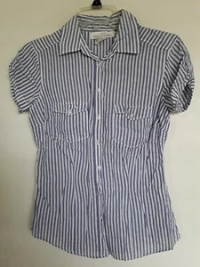 H&M Shirt Size 4 Button Front Striped Blue White Short Sleeve Top LOGG  - Picture 1 of 3