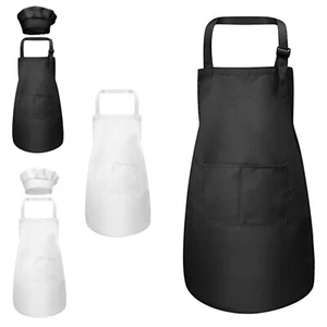 Mens Womens Apron Solid Color With Hat Restaurant Chef Dessert Costume Lace Up - Picture 1 of 37