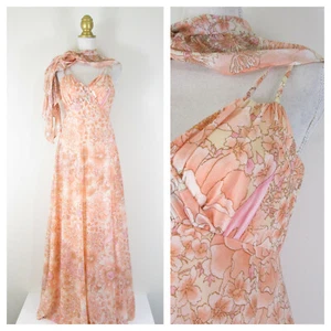 Maxi abito e scialle vintage da donna rosa salmone pesca floreale taglia 9 10 - Foto 1 di 12
