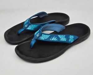 Olukai Ohana Flip Flop Sandal Deep Water Pineapple Print Women's Size 8
