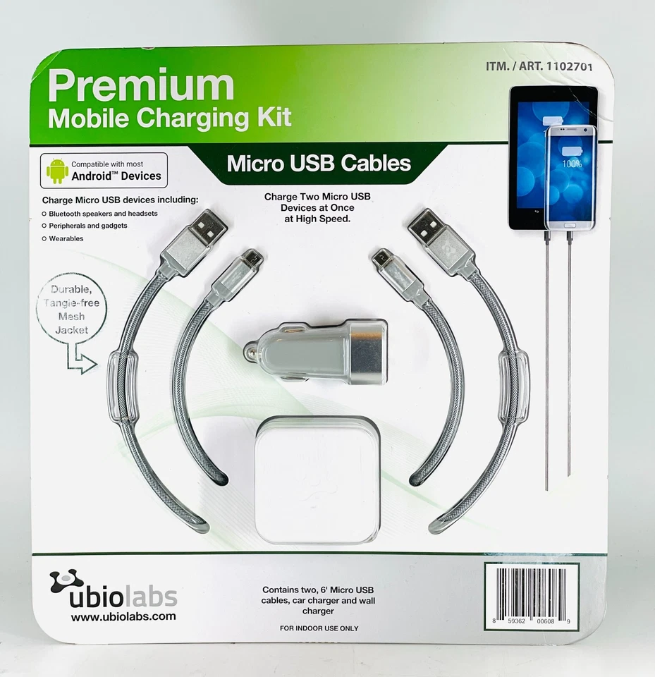 Ubio Labs 2-Pack 6ft Micro USB Cable & Wall/Car Charger For Samsung, Nokia, Moto - Image 1 of 2