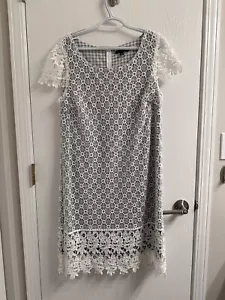Sangria Women's White Lace Overlay Shift Dress Blue and White Gingham Size 12 - Picture 1 of 16