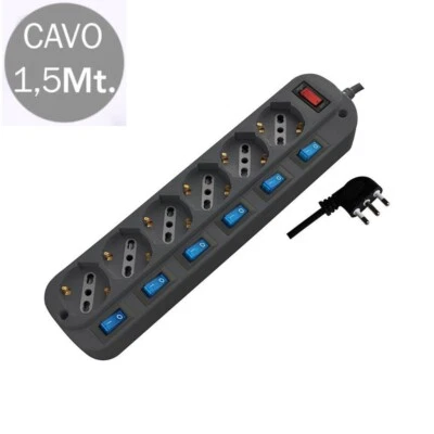 MULTIPRESA ELETTRICA NERA 6 POSTI 7 INTERRUTTORI  SCHUKO 10/16A con  Protezione - Immagine 1 di 3
