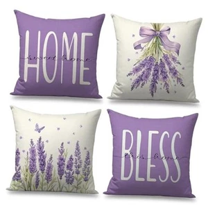 Spring Pillow Covers 18x18 Set of 4 Lavender Home Sweet Home Purple Throw - Picture 1 of 7