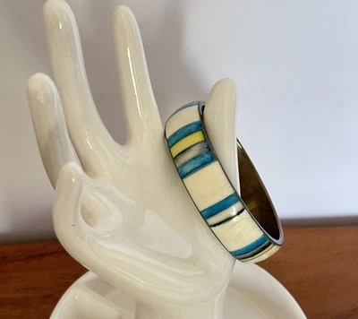 Vintage Beachy Blue Striped Inlaid Dyed Bone & Brass Bangle Bracelet - Image 1 of 4