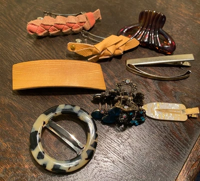 Pretty Vintage Hair Barrettes Lot of 9 with leather clip tortoise rhinestones - Image 1 of 4
