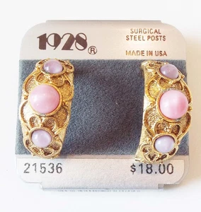 1928 JEWELRY VICTORIAN 1/2 HOOP FAUX PEARL PINK & PURPLE GOLDTONE EARRINGS NEW - Picture 1 of 4