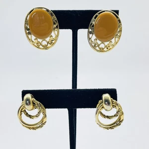 Vintage Earrings Lot of 2 Gold Tone Filigree Cabochon Clip On Post Hoop Oval - Picture 1 of 10