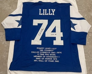 MAGLIA PERSONALIZZATA BOB LILLY FIRMATA/AUTOGRAFATA DALLAS COWBOYS SCRITTA “HOF 74” JSA - Foto 1 di 6