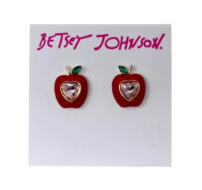 Aretes Betsey Johnson Tono Dorado Acento Cristal Esmalte Rojo Manzana Nuevos con Etiquetas Foto 1 de 4