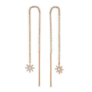 14K Rose Gold Diamond Threader Star Earrings Round Natural 0.10CT Drop Chain - Picture 1 of 6