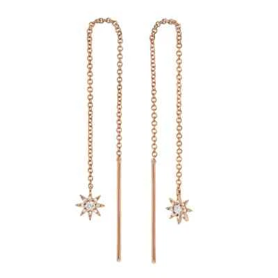 14K Rose Gold Diamond Threader Star Earrings Round Natural 0.10CT Drop Chain - Image 1 of 4