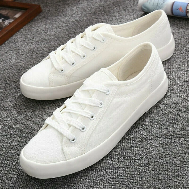 Classic Women Lady Canvas Shoes Trainers Plimsoles Flat Lace Up White Black - Image 1 of 4
