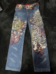 Kacho Fugetsu Men's Denim Jeans Pants Dragon Tiger Embroidered Blue Size 30 - Picture 1 of 6