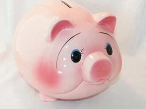Large Vintage Mid Century Pottery Blush Pink Fat Belly Curly Tail Pig Piggy Bank - Picture 1 of 12