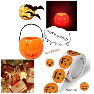 Light Up & Sound HALLOWEEN KÜRBIS EIMER 12 x 9 cm & 500 KÜRBIS Aufkleber Rolle - Bild 1 von 3