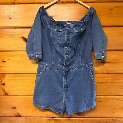 Moda Nova Mameluco Denim Hombro Descubierto Lavado Medio Manga 3/4 2X Foto 1 de 4