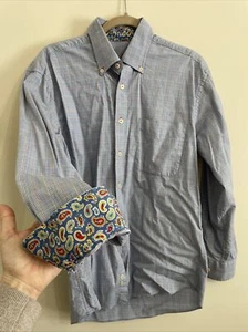 Alan Flusser Mens Shirt Blue Orange Check Cotton Casual or Dress Shirt Sz M - Picture 1 of 11