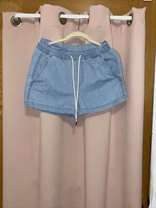 LOFT Linen Blend Denim Shorts MEDIUM Pull On Drawstring High Waist Casual - Picture 1 of 2