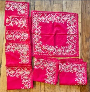8 AGHABANI Red Gold Silk Embroidered Napkins Set Vintage Lot - Picture 1 of 4