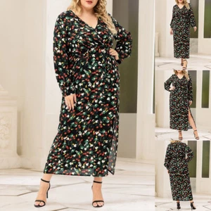 Plus Size Women Floral Printed Long Wrap Dress V Neck Long Sleeve Shirt Dresses - Picture 1 of 13