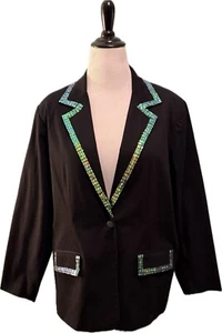 Quacker Factory Blazer Jacket Plus Size 1X Black Sequin Trim One Button - Picture 1 of 6