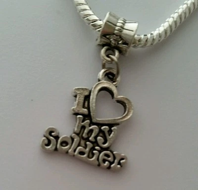 I Love My Soldier Heart Army Dangle Charm Bead Silver for European Bracelet - Image 1 of 3