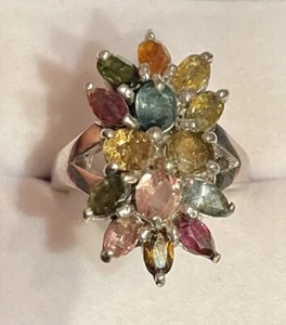 Sommer! Multi Edelstein Natur Turmalin Cluster Ring - Sterlingsilber - Bild 1 von 9