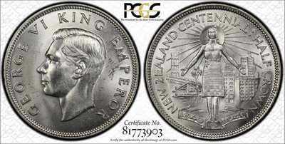 Nueva Zelanda, 1940 Jorge VI Media Corona, 1/2 Corona. PCGS MS 64. Foto 1 de 4