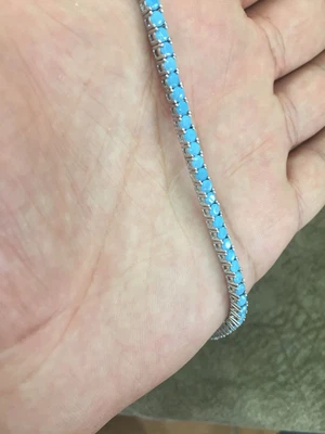 Brazalete Tenis Turquesa Plata de Ley 925 de 3 mm, Brazalete Piedra Hecho en Laboratorio de 7" Foto 1 de 3