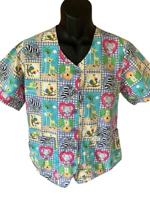 Crest Cottons Scrub Top Women's Small Multicolor Squares Animals V-Neck Button U - Image 1 of 4