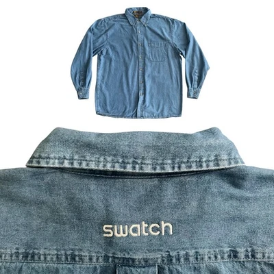 Винтажный Swatch часы длинным рукавом джинсовой ткани Chambray кнопка рубашка Harriton бренд размер XL - Изображение 1 из 4