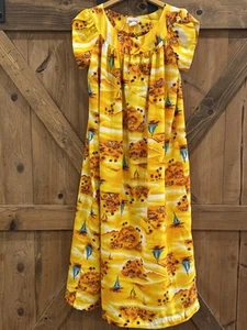 Vtg 50s 60s Women's 12 Hawaiian Yellow Floral Boats Maxi Mumu Muumuu Luau Dress - Picture 1 of 5