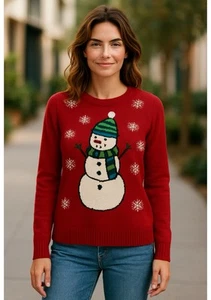 MUJER ROJO KAREN SCOTT MUÑECO DE NIEVE NAVIDAD SUÉTER CON BOTONES DE CUENTAS NEGRAS PEQUEÑO - Imagen 1 de 8
