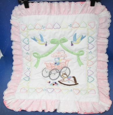 Baby Nursery Quilt Embroidery Wall Hanging Handmade Girl Lace Pink 20x22 - Image 1 of 4