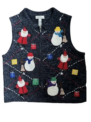 Chaleco Lord & Taylor Navidad Cremallera Talla Grande Azul Art Deco Santa Muñecos de Nieve Foto 1 de 3