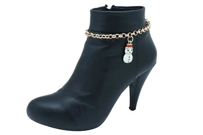 New Women Gold Metal Chain Boot Bracelet Shoe Snowman Holiday Charm Stylish Look - Image 1 of 4