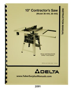 Delta 10" Contractors Saw 36-444, 36-445 Instructions & Parts List Manual #2091 - Imagen 1 de 7