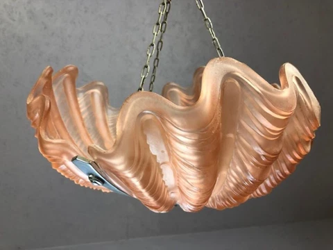 Vtg Art Deco Dusky Pink Odeon Clam Shell Glass &Chrome Ceiling Light Lamp Shade Cover