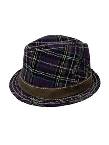 True Religion Plaid Fedora Purple Black Thick Stitch Leather Distressed EUC - Picture 1 of 9
