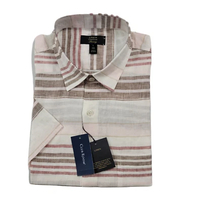 Camisa de lino de lujo Club Room para hombre grande caqui tostado elevada a rayas centrales $65 Foto 1 de 4