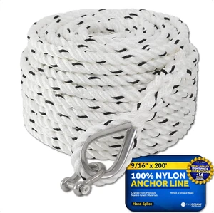 9/16" X 200', Anchor Rope Line, Marine Premium 3-Strand White Nylon Boat Anchor - Picture 1 of 8